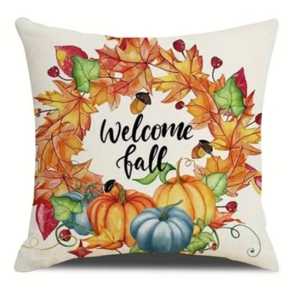 NEW LINEN BLEND "WELCOME FALL" DECORATIVE FLORAL WREATH PILLOW COVER 17.7"